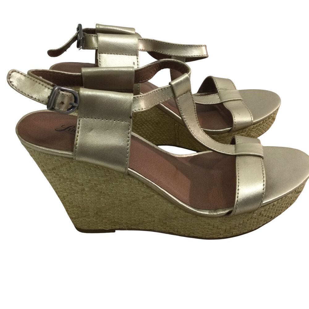 Lucky Brand Womens LOVELL T-Strap Platinum Wedge Platform Sandals Size 9